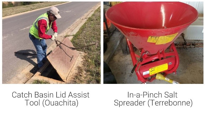 photo of catch basin lid assist tool and in-a-pinch salt spreader